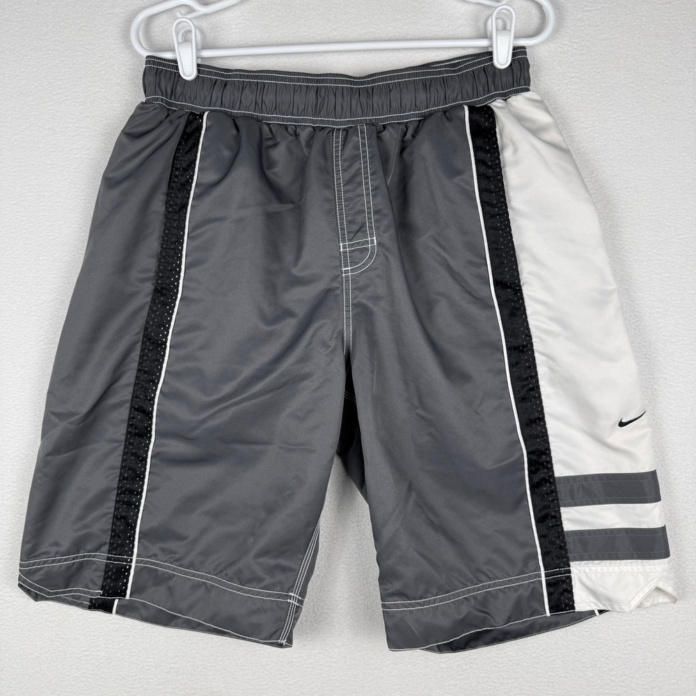 Vtg Nike Swim Trunks Mens L Grey Colorblock Mesh Lined Drawstring Y2K Streetwear